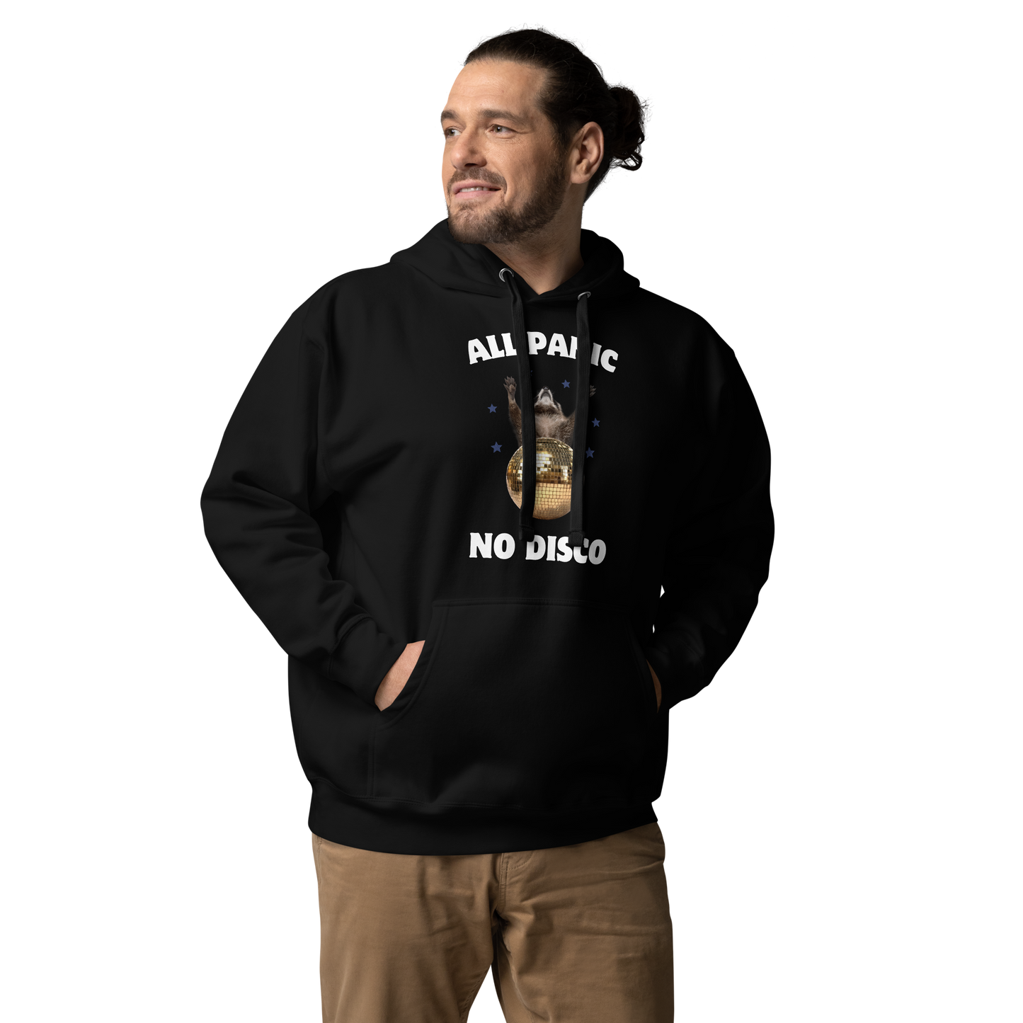 Man wearing a Funny All Panic No Disco Raccoon Disco Ball premium graphic hoodie in black by Boozy Fox