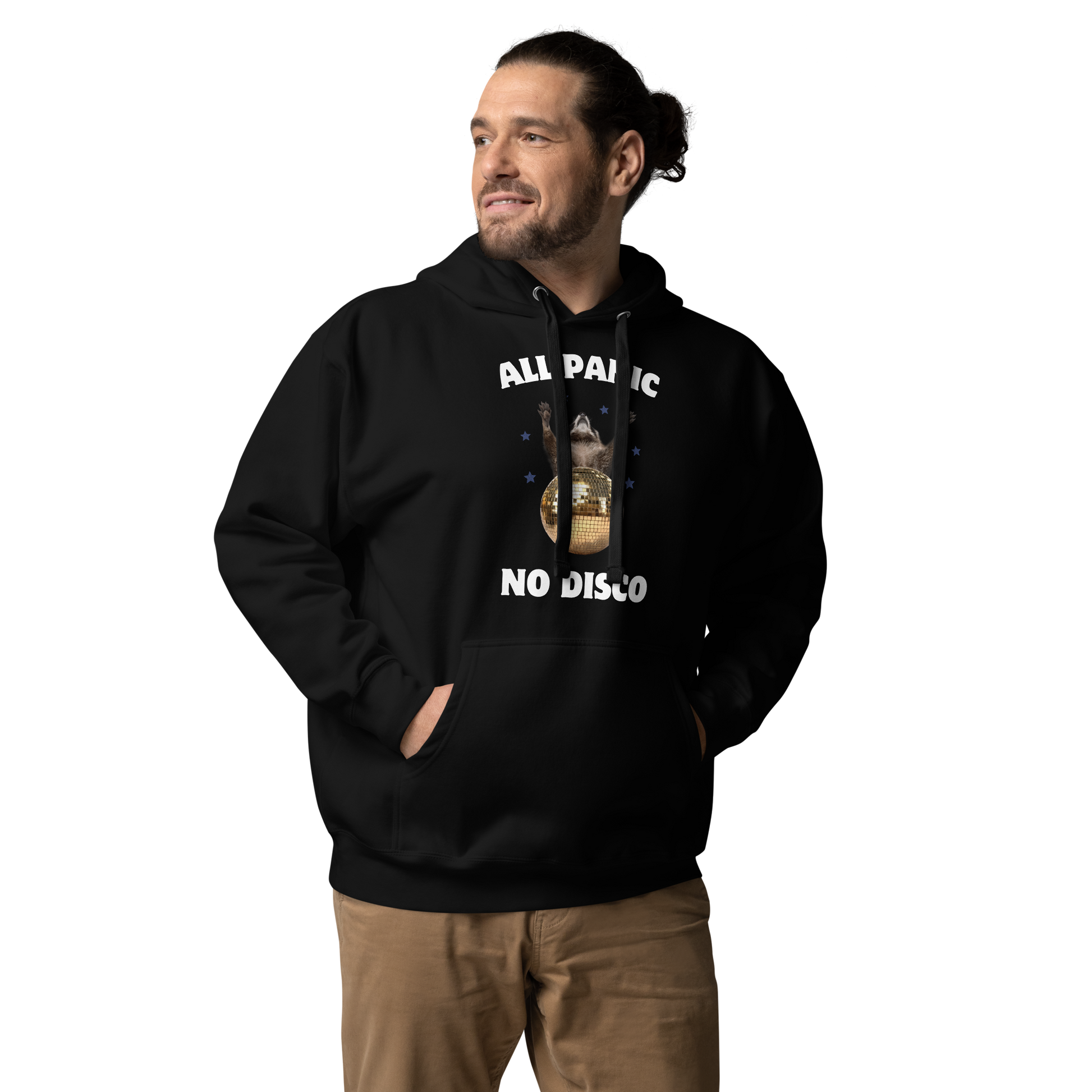 Man wearing a Funny All Panic No Disco Raccoon Disco Ball premium graphic hoodie in black by Boozy Fox