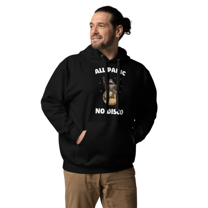 Man wearing a Funny All Panic No Disco Raccoon Disco Ball premium graphic hoodie in black by Boozy Fox