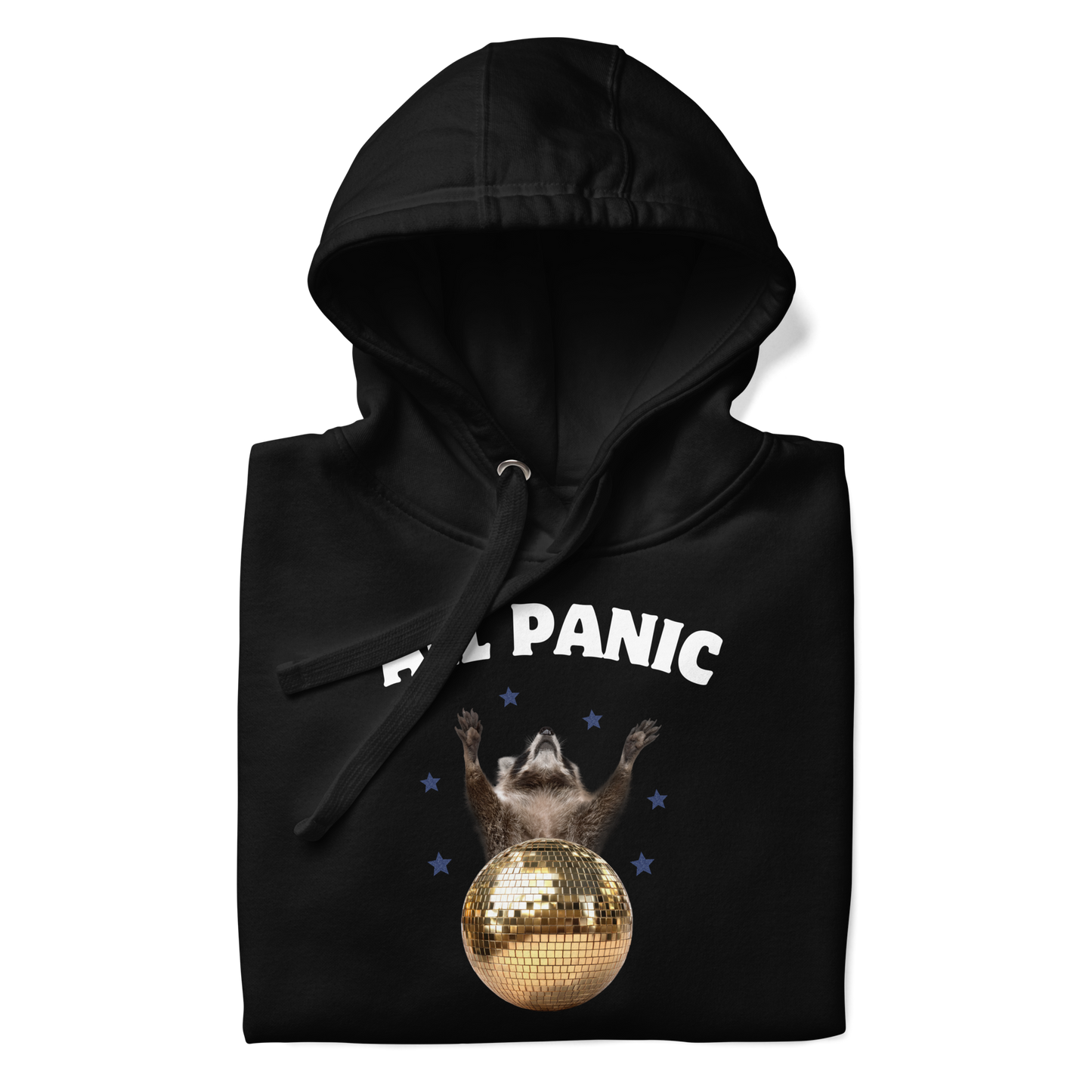 Front details of a Funny All Panic No Disco Raccoon Disco Ball premium graphic hoodie in black by Boozy Fox