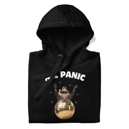 Front details of a Funny All Panic No Disco Raccoon Disco Ball premium graphic hoodie in black by Boozy Fox