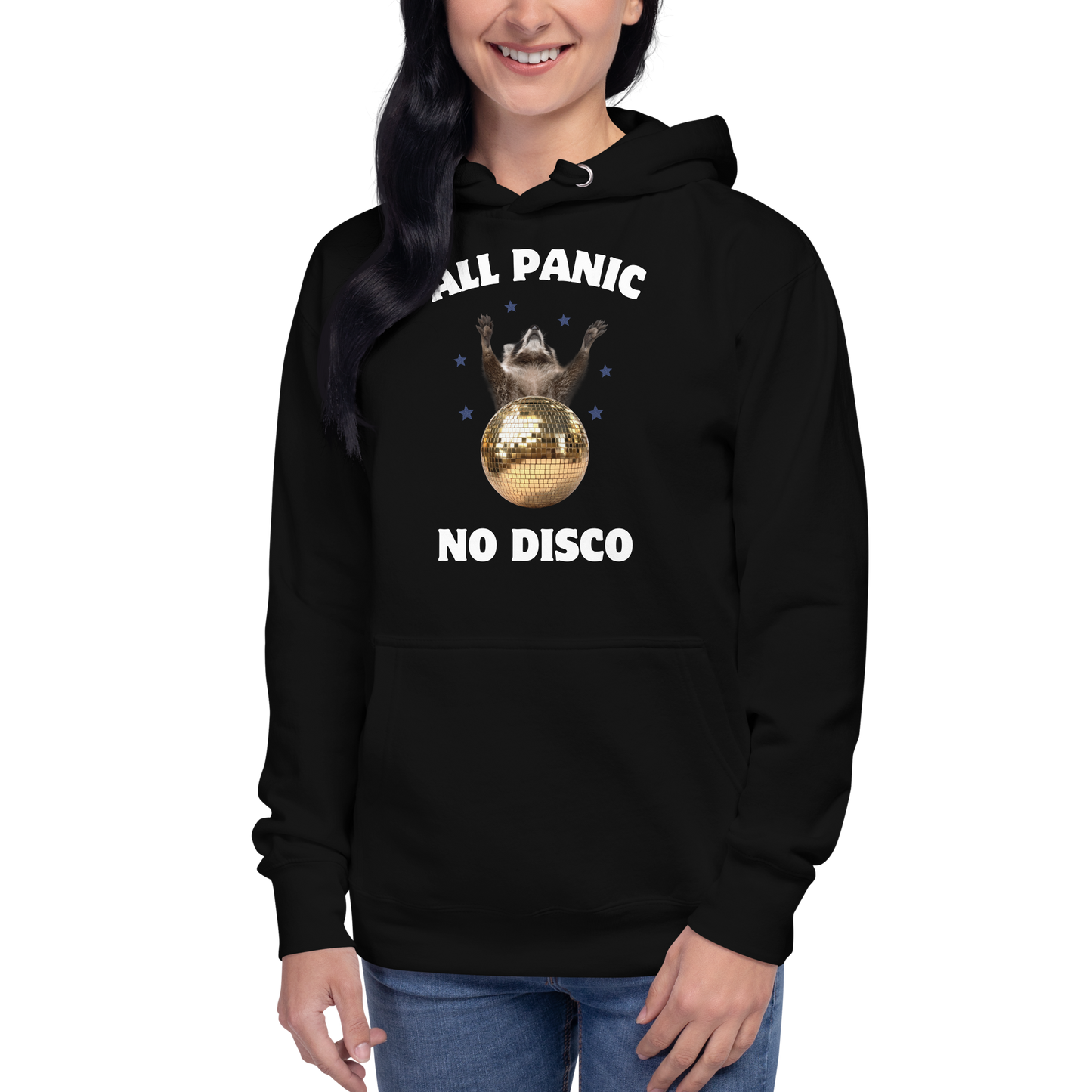 Woman wearing a Funny All Panic No Disco Raccoon Disco Ball premium graphic hoodie in black by Boozy Fox