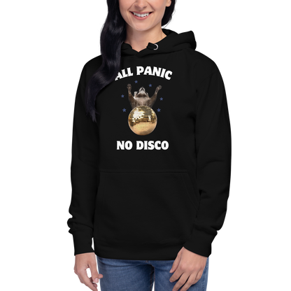 Woman wearing a Funny All Panic No Disco Raccoon Disco Ball premium graphic hoodie in black by Boozy Fox