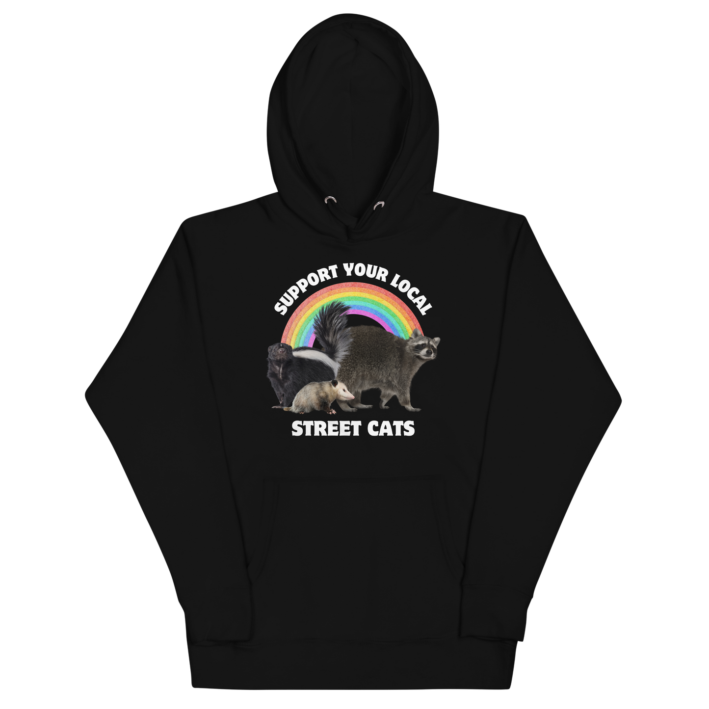 Funny Support Your Local Street Cats premium graphic hoodie in black by Boozy Fox