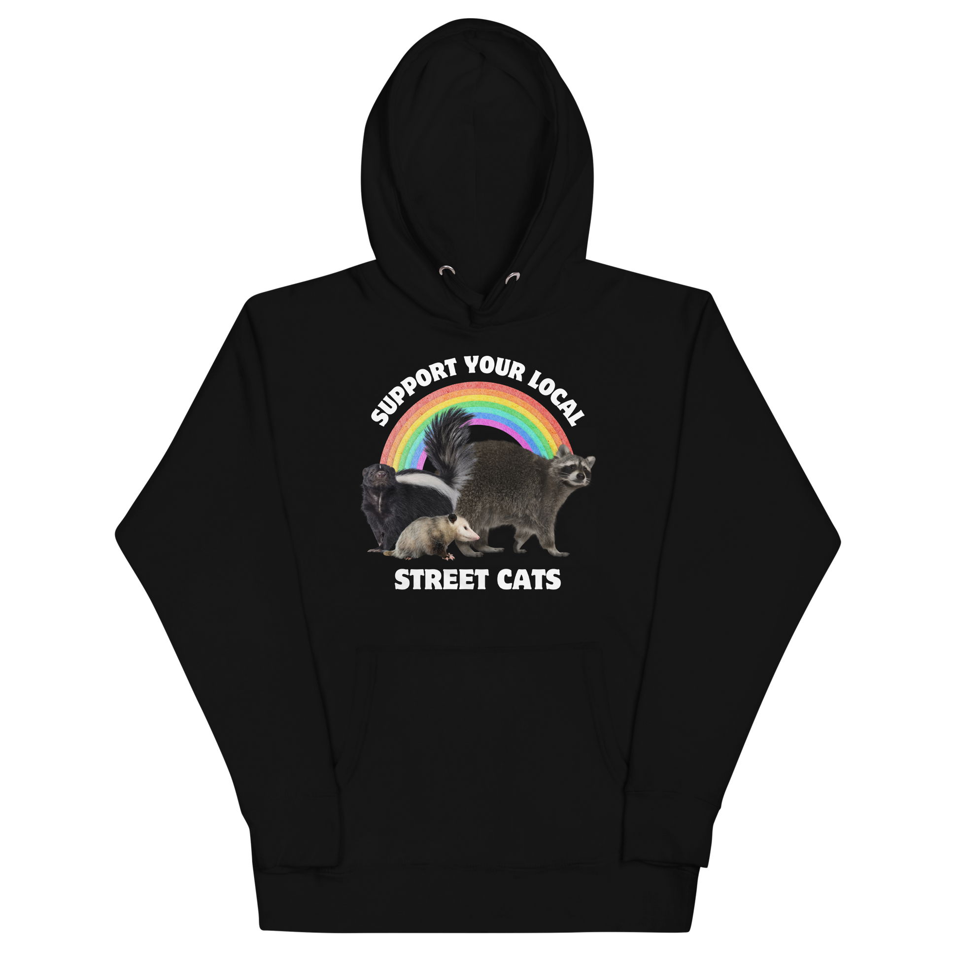 Funny Support Your Local Street Cats premium graphic hoodie in black by Boozy Fox