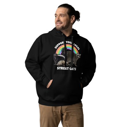 Man wearing a Funny Support Your Local Street Cats premium graphic hoodie in black by Boozy Fox