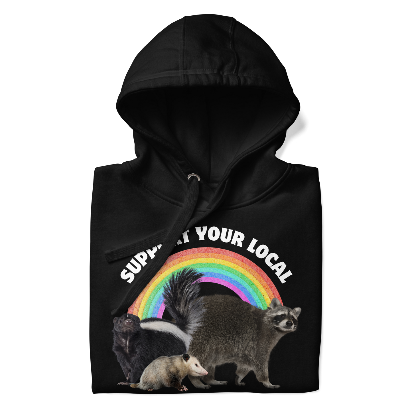 Front details of a Funny Support Your Local Street Cats premium graphic hoodie in black by Boozy Fox