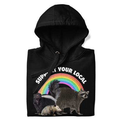 Front details of a Funny Support Your Local Street Cats premium graphic hoodie in black by Boozy Fox