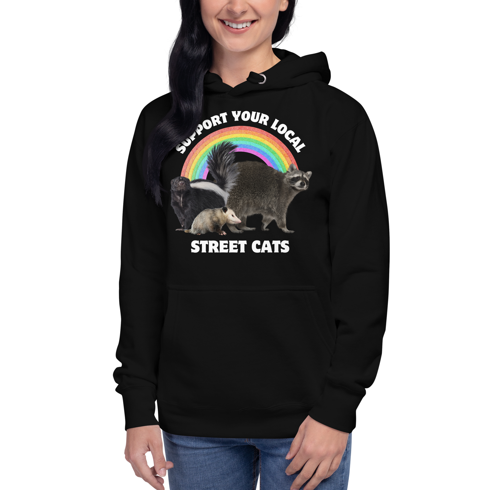 Woman wearing a Funny Support Your Local Street Cats premium graphic hoodie in black by Boozy Fox