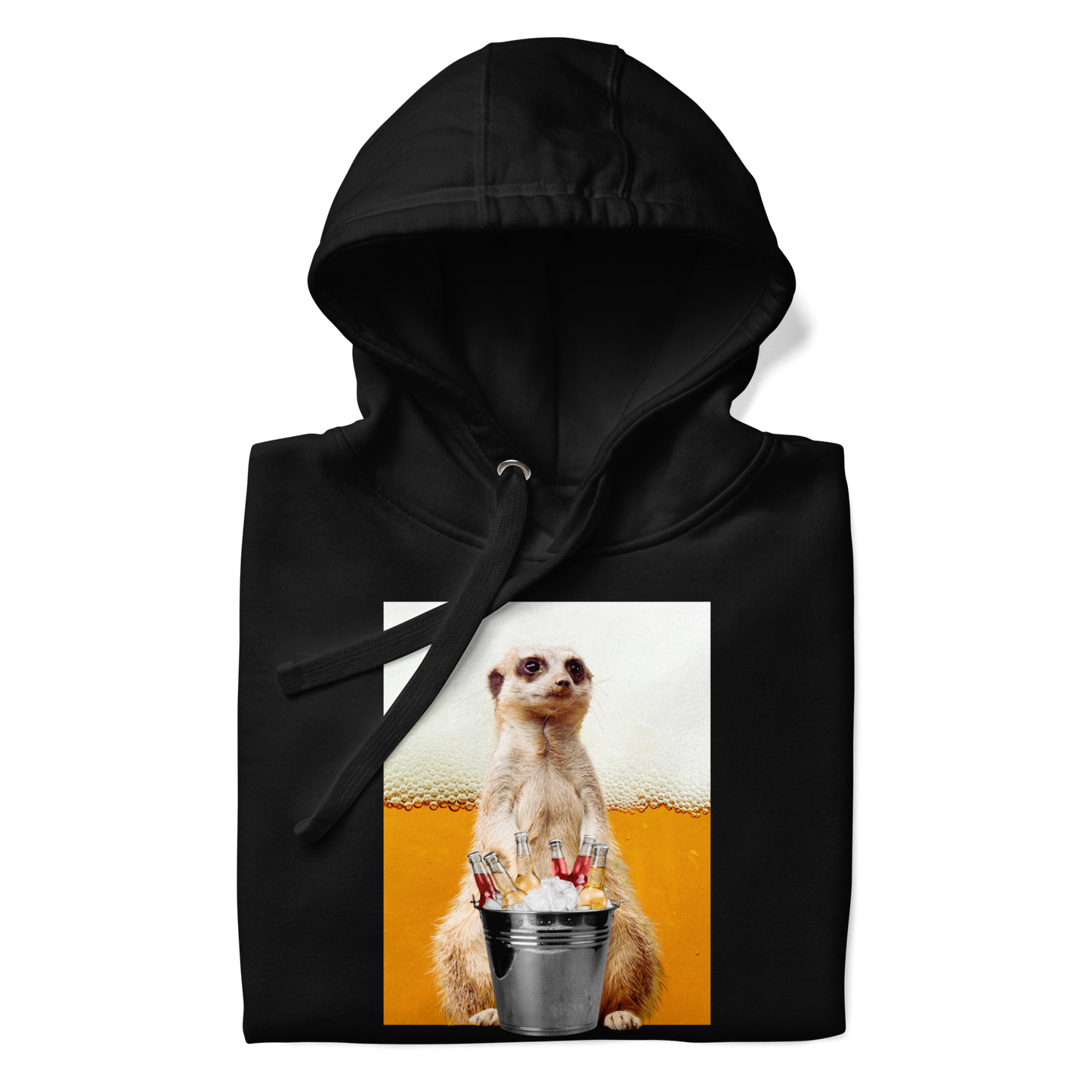 Front details of a Funny Meerkat Beer premium graphic hoodie in black by Boozy Fox