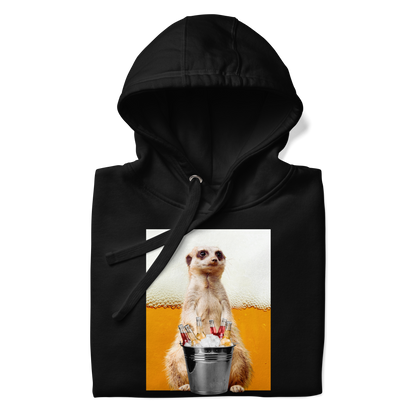 Front details of a Funny Meerkat Beer premium graphic hoodie in black by Boozy Fox
