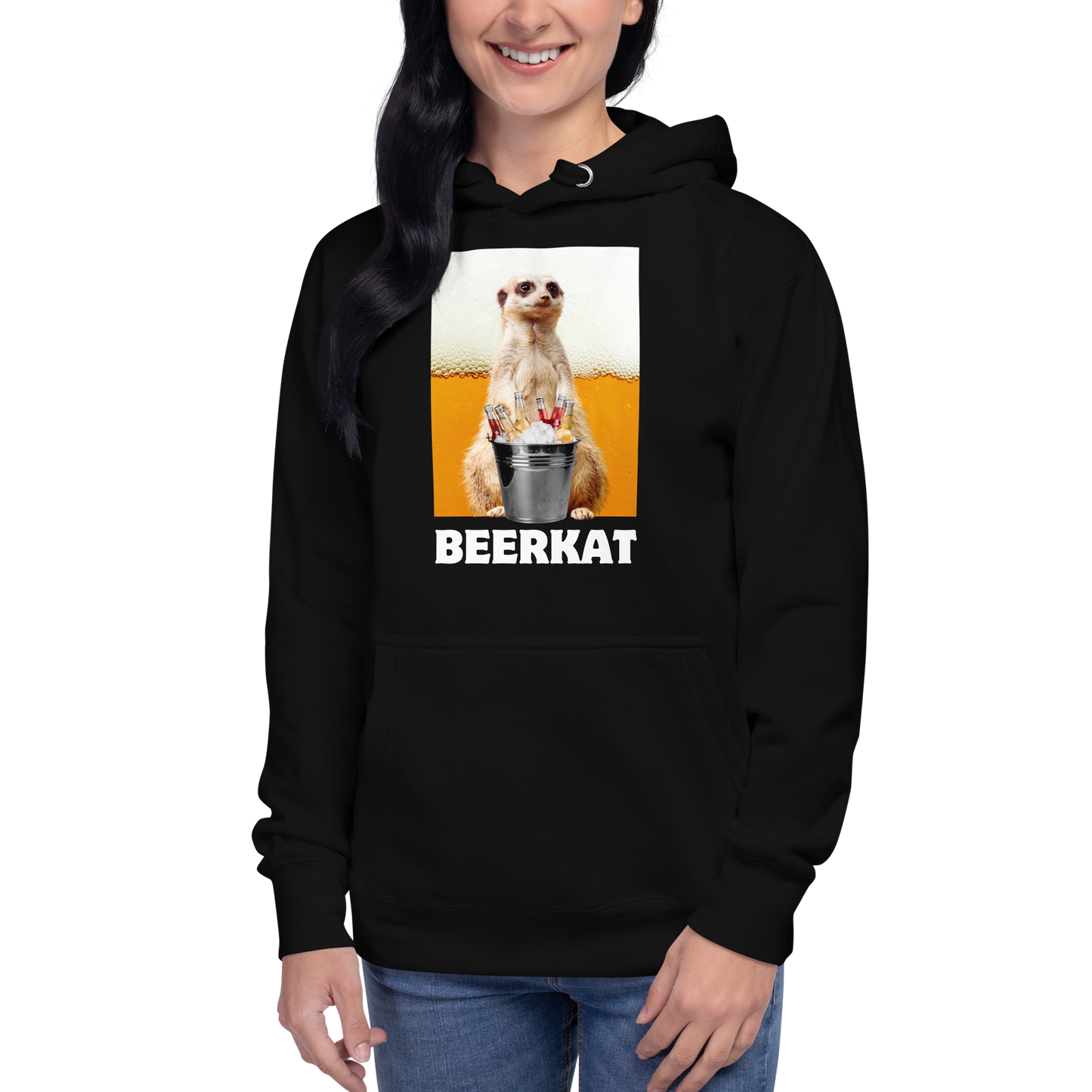 Woman wearing a Funny Meerkat Beer premium graphic hoodie in black by Boozy Fox
