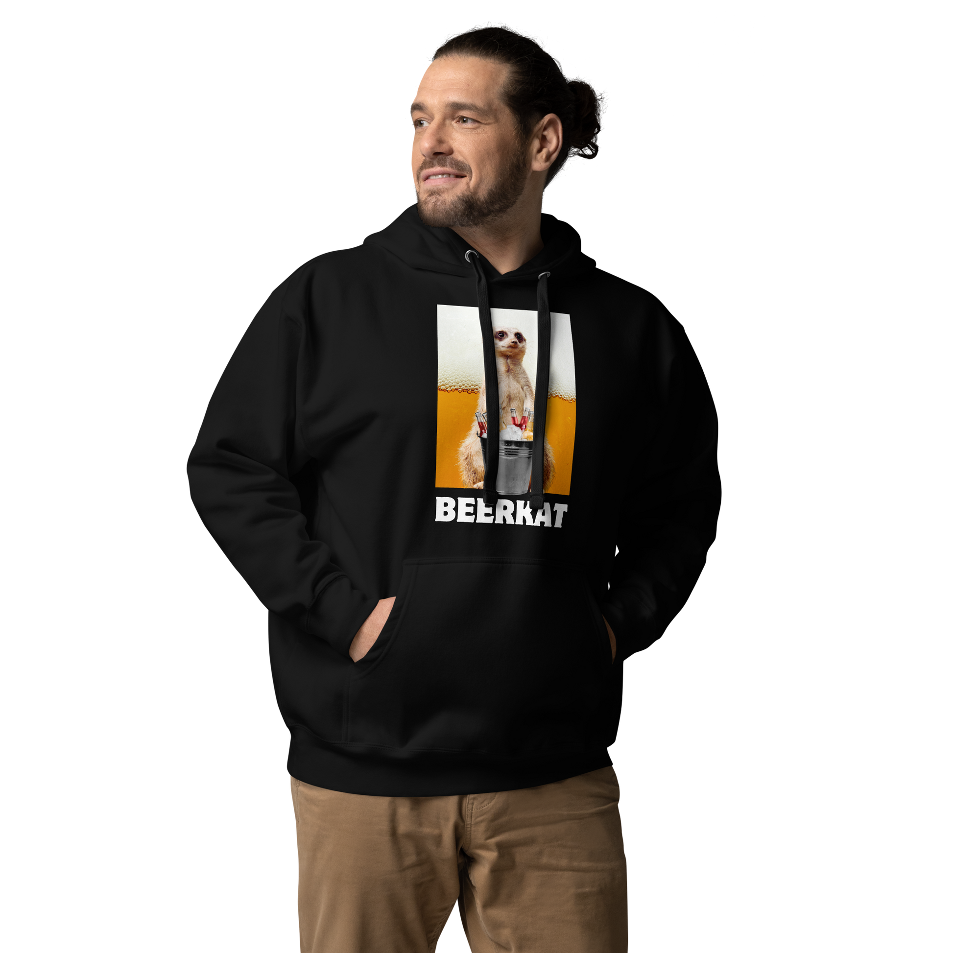 Man wearing a Funny Meerkat Beer premium graphic hoodie in black by Boozy Fox