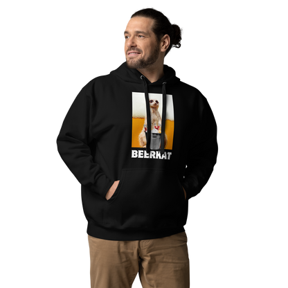 Man wearing a Funny Meerkat Beer premium graphic hoodie in black by Boozy Fox