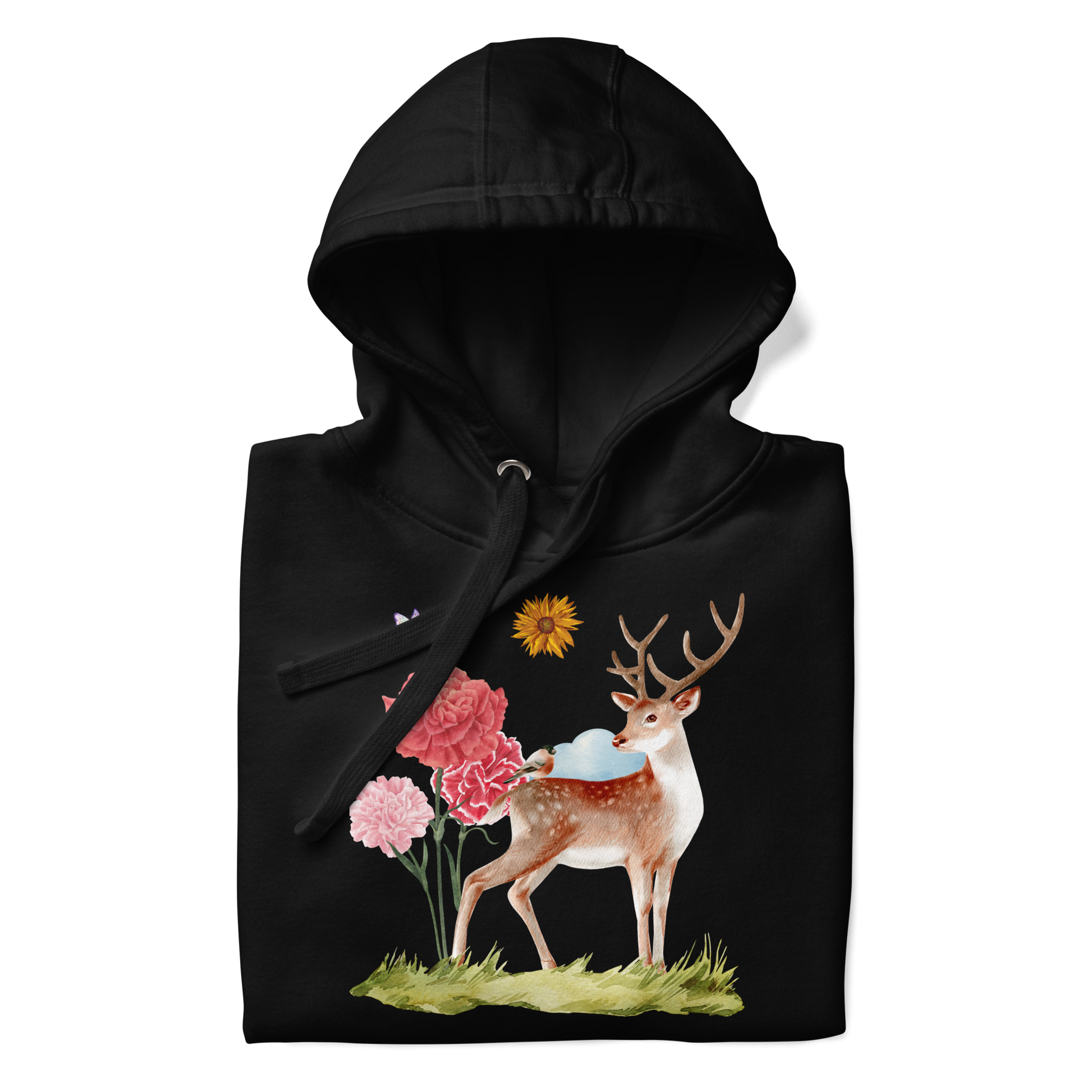 Front details of a Funny Summer Is a State of Mind Deer premium graphic hoodie in black by Boozy Fox