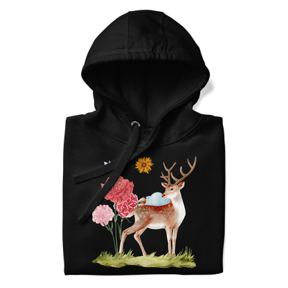 Front details of a Funny Summer Is a State of Mind Deer premium graphic hoodie in black by Boozy Fox