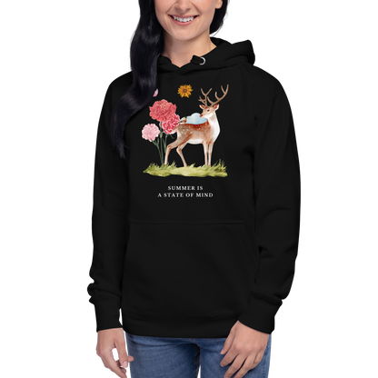 Woman wearing a Funny Summer Is a State of Mind Deer premium graphic hoodie in black by Boozy Fox