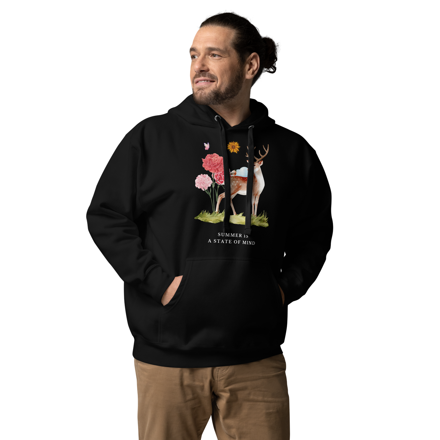 Man wearing a Funny Summer Is a State of Mind Deer premium graphic hoodie in black by Boozy Fox
