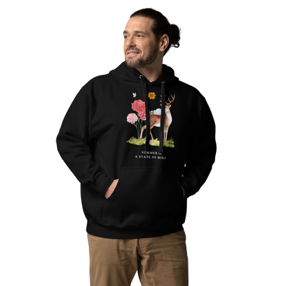 Man wearing a Funny Summer Is a State of Mind Deer premium graphic hoodie in black by Boozy Fox