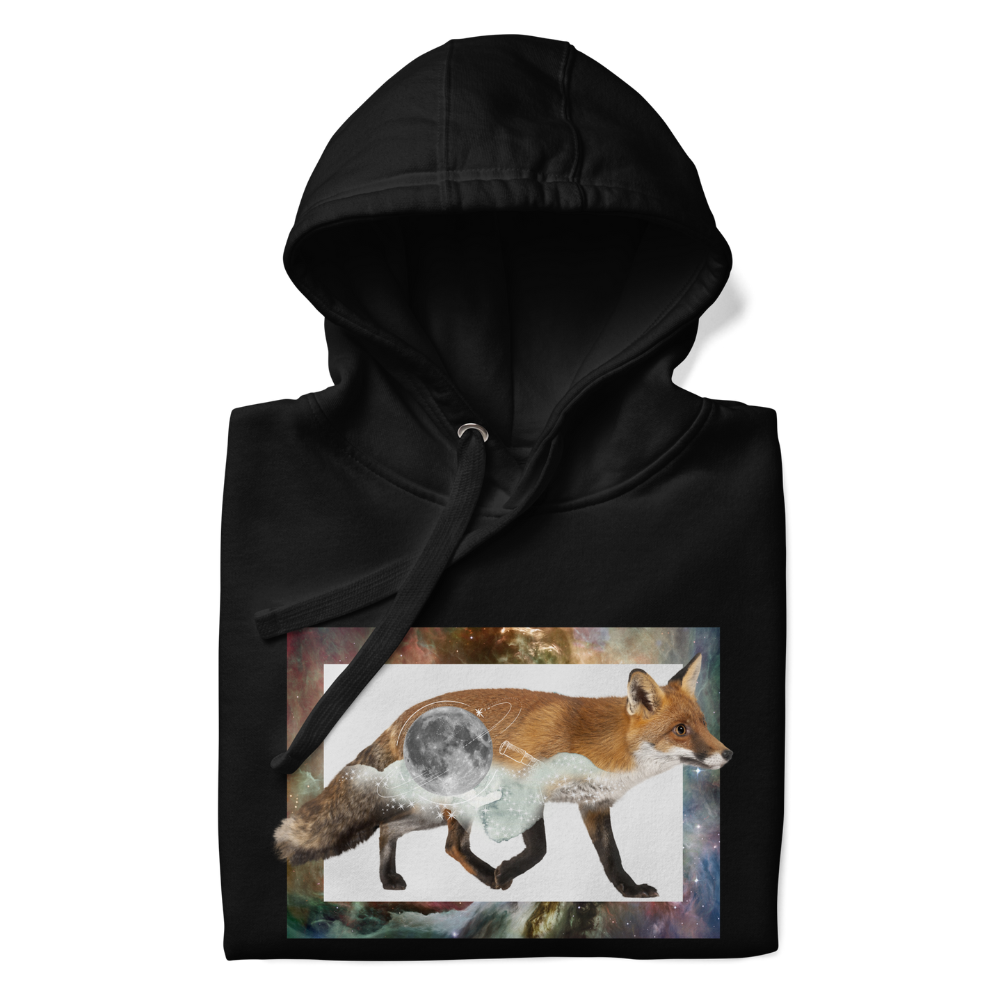 Front details of a Funny Space Fox premium graphic hoodie in black by Boozy Fox
