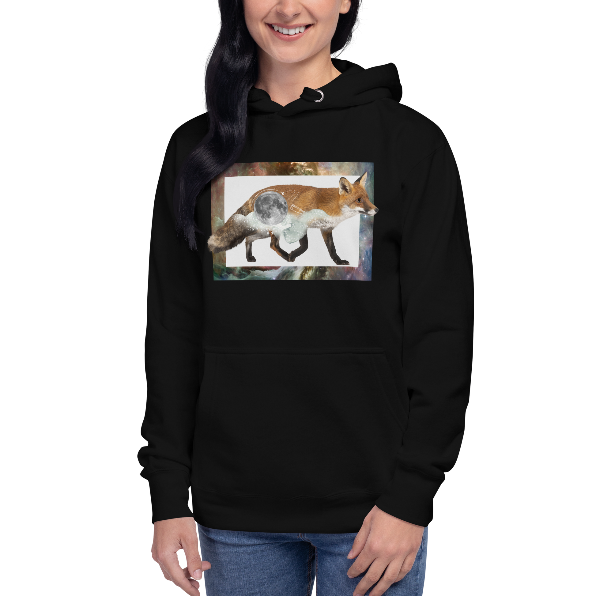 Woman wearing a Funny Space Fox premium graphic hoodie in black by Boozy Fox