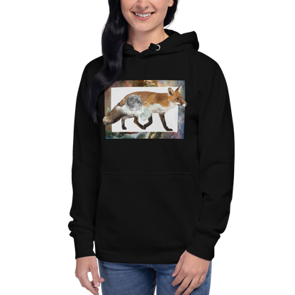 Woman wearing a Funny Space Fox premium graphic hoodie in black by Boozy Fox