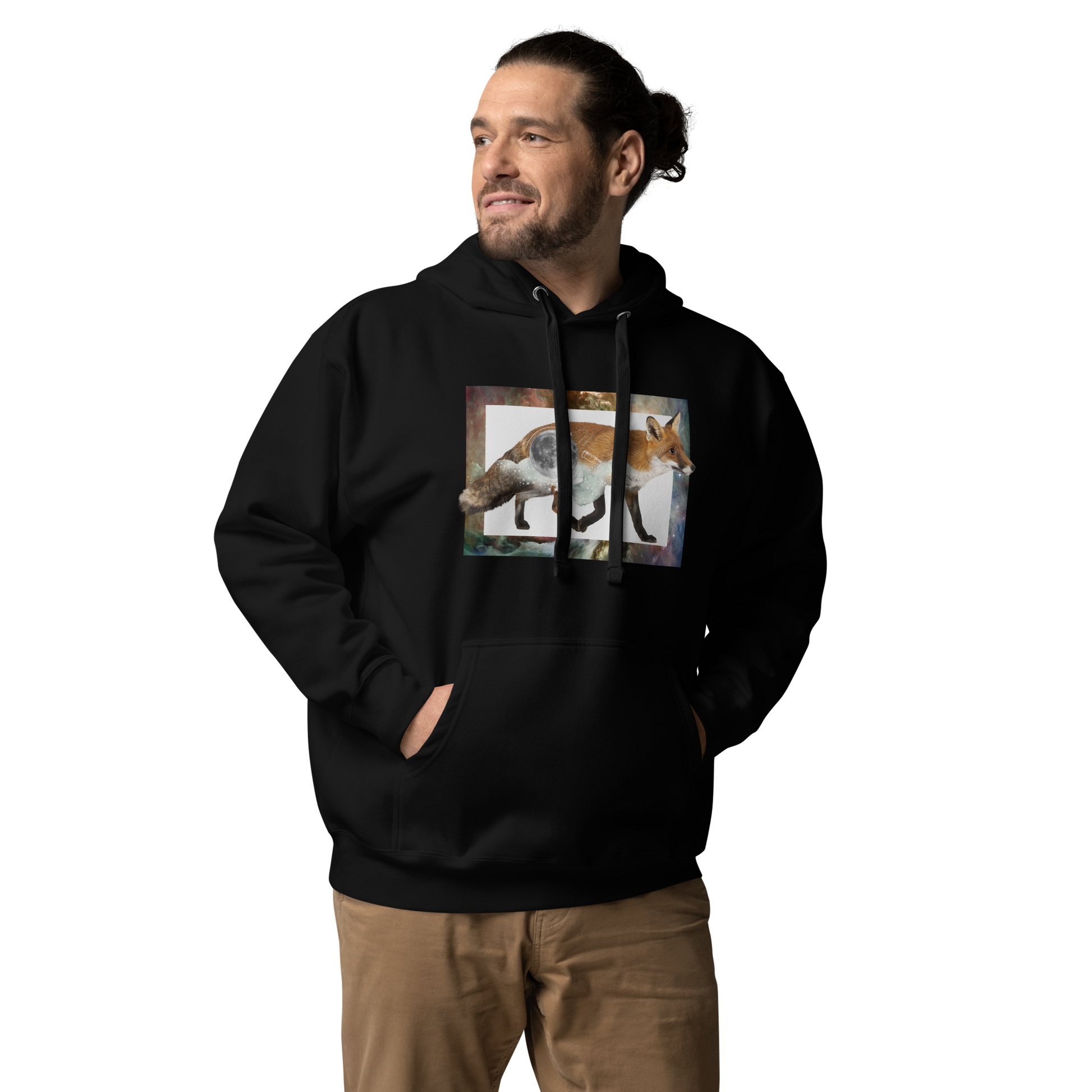 Man wearing a Funny Space Fox premium graphic hoodie in black by Boozy Fox