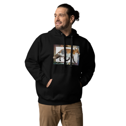 Man wearing a Funny Space Fox premium graphic hoodie in black by Boozy Fox