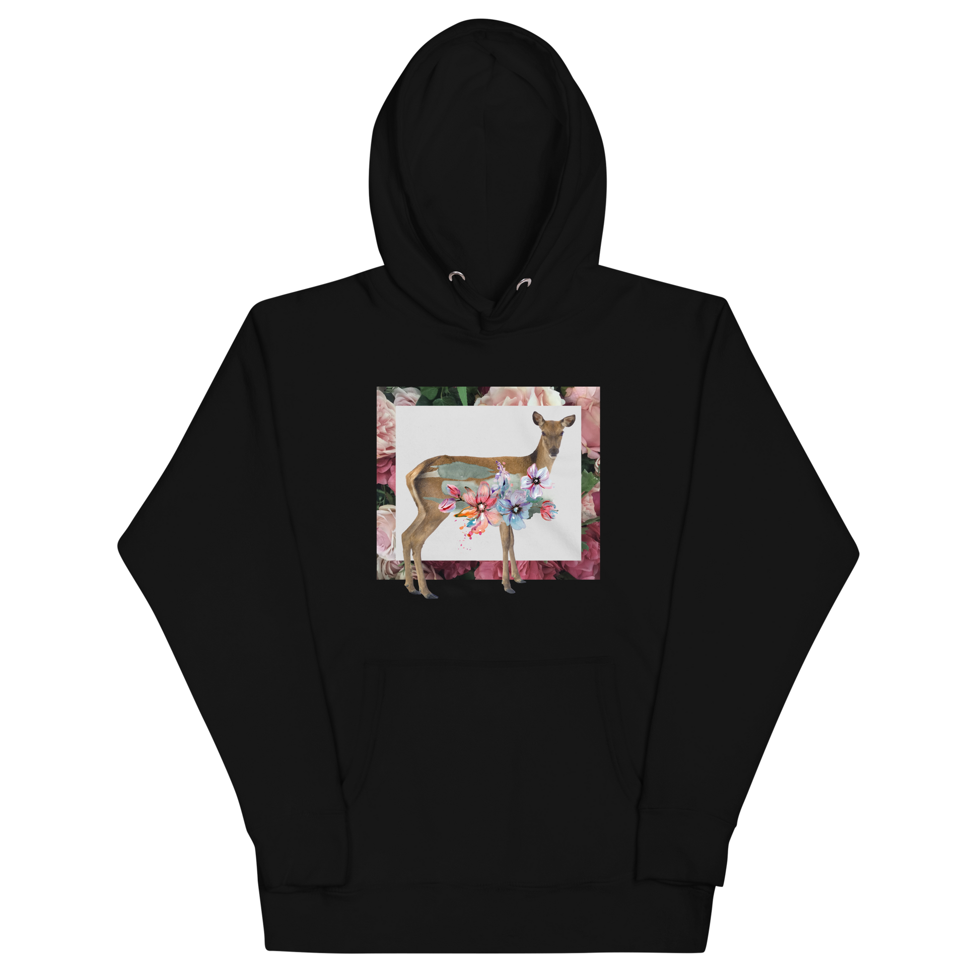 Funny Floral Deer summer premium graphic hoodie in black by Boozy Fox