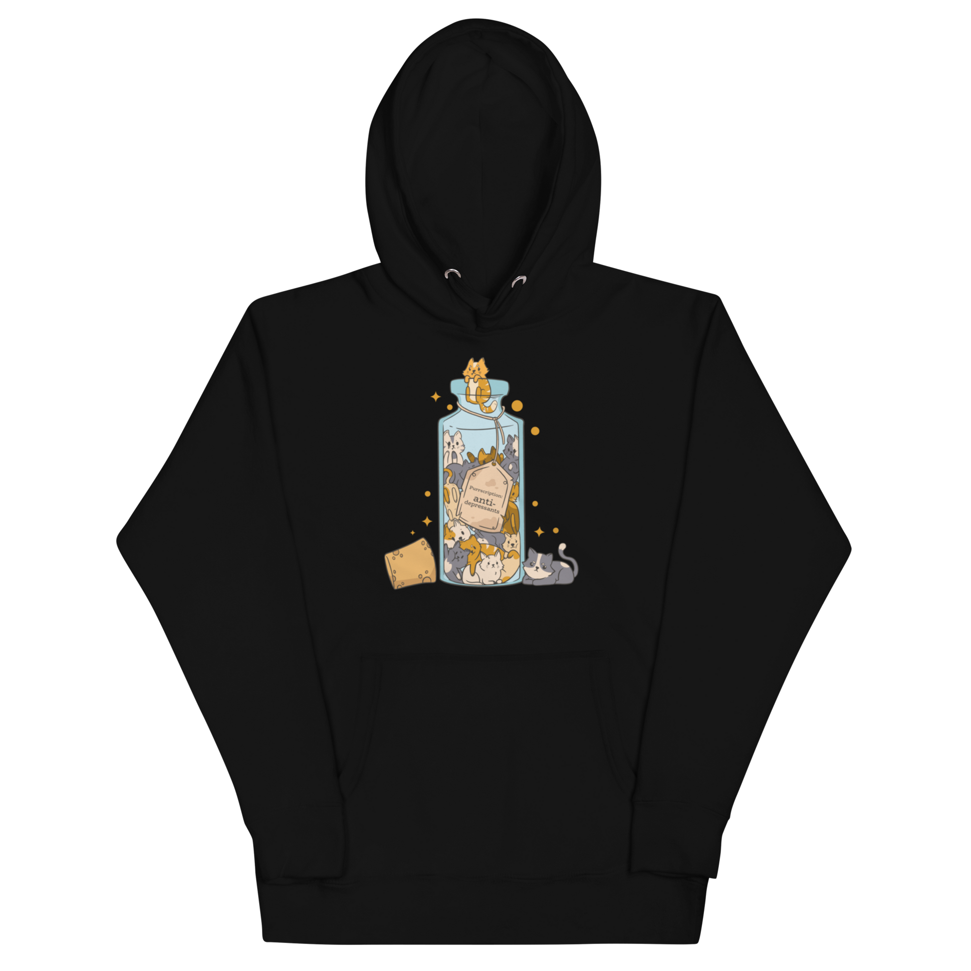 Funny Purrscription: Anti-depressants Cat premium graphic hoodie in black by Boozy Fox