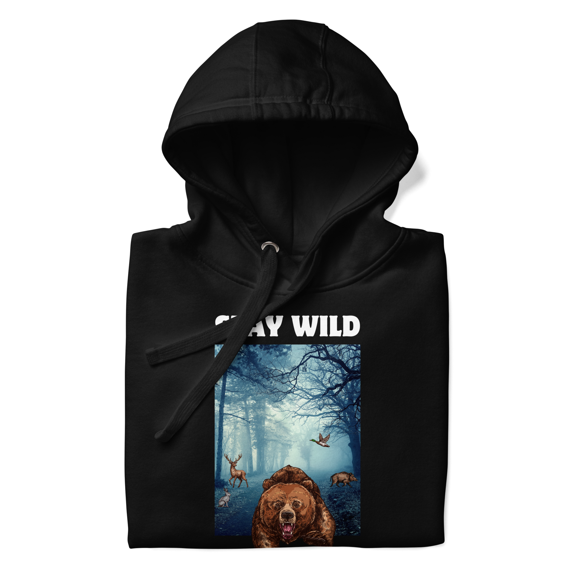 Front details of a Funny Stay Wild Bear premium graphic hoodie in black by Boozy Fox