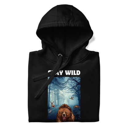 Front details of a Funny Stay Wild Bear premium graphic hoodie in black by Boozy Fox