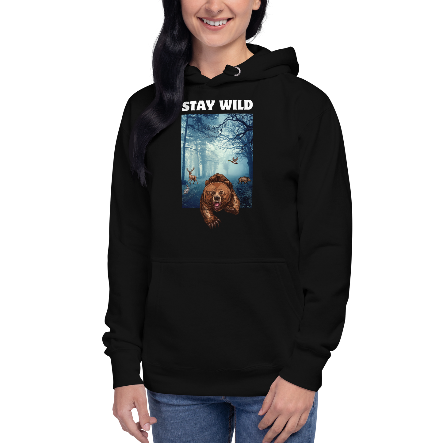 Woman wearing a Funny Stay Wild Bear premium graphic hoodie in black by Boozy Fox