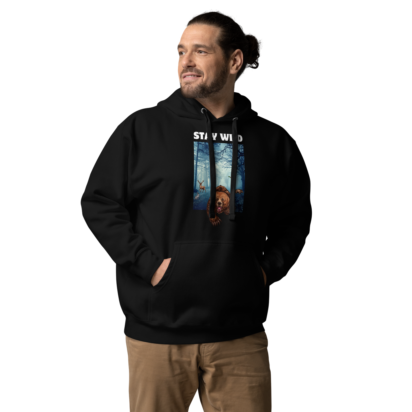 Man wearing a Funny Stay Wild Bear premium graphic hoodie in black by Boozy Fox