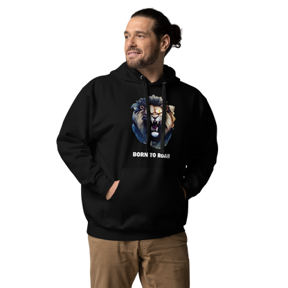 Man wearing a Funny Born to Roar Angry Lion premium graphic hoodie in black by Boozy Fox