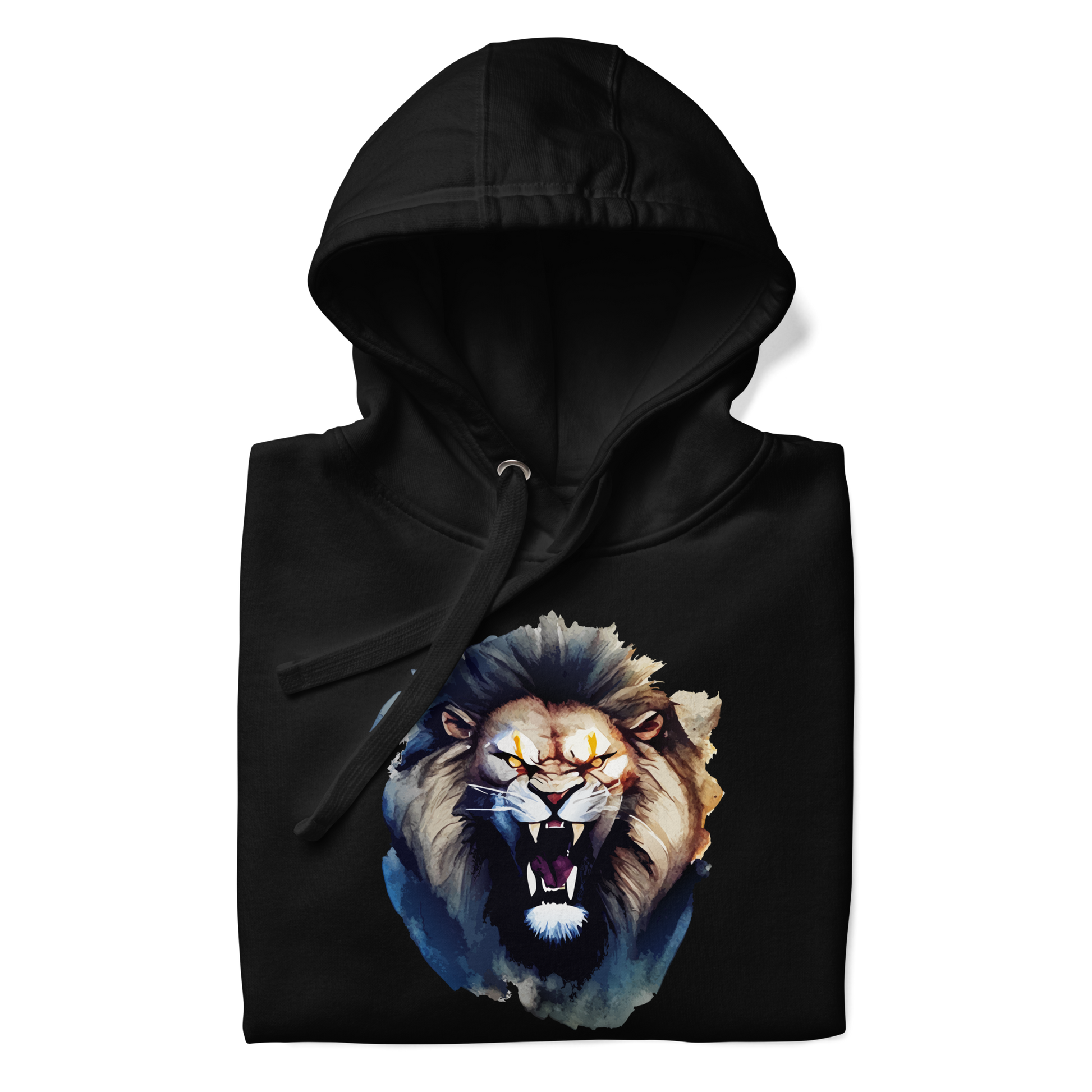 Front details of a Funny Born to Roar Angry Lion premium graphic hoodie in black by Boozy Fox