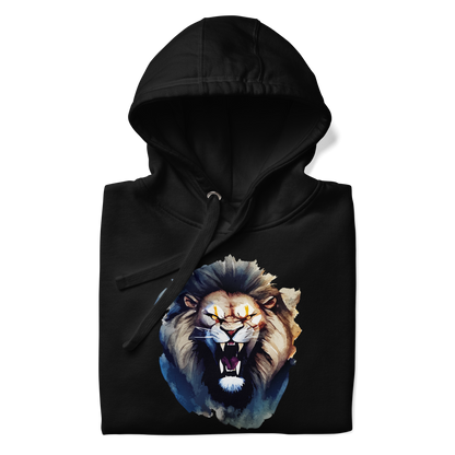 Front details of a Funny Born to Roar Angry Lion premium graphic hoodie in black by Boozy Fox