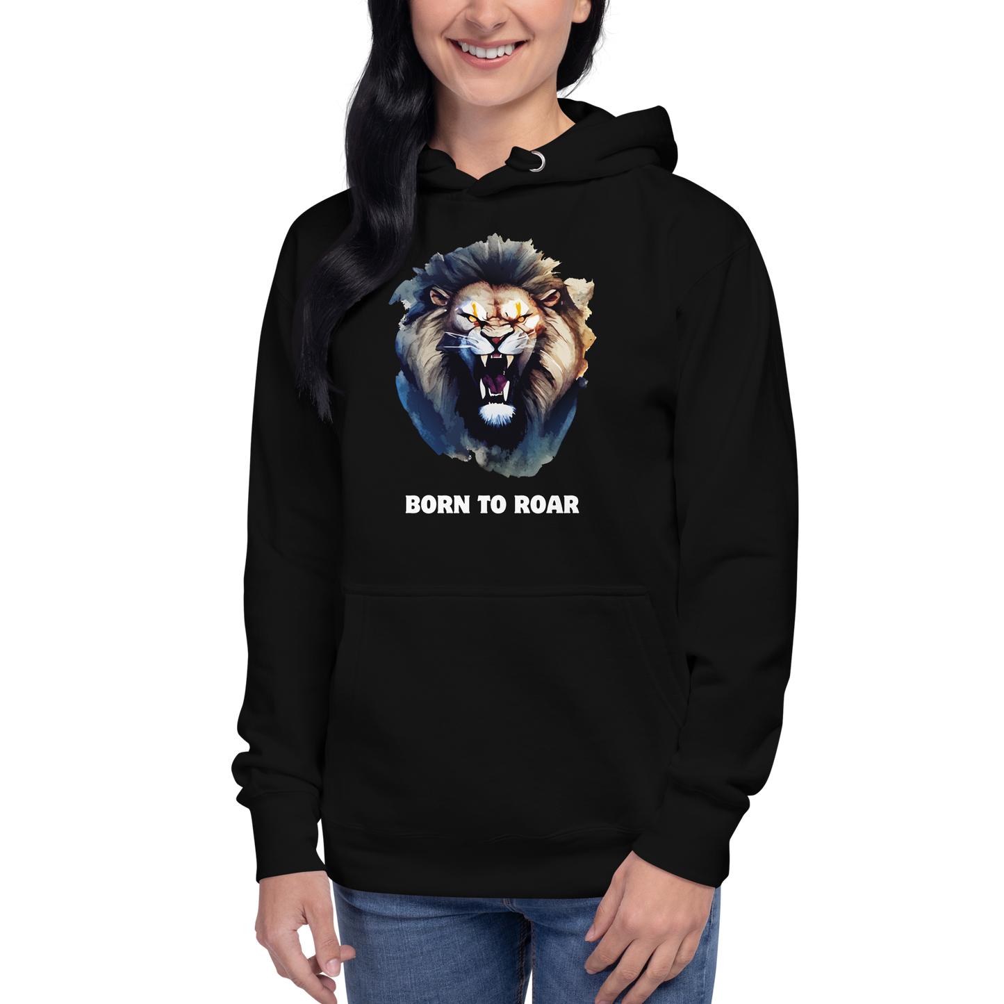 Woman wearing a Funny Born to Roar Angry Lion premium graphic hoodie in black by Boozy Fox