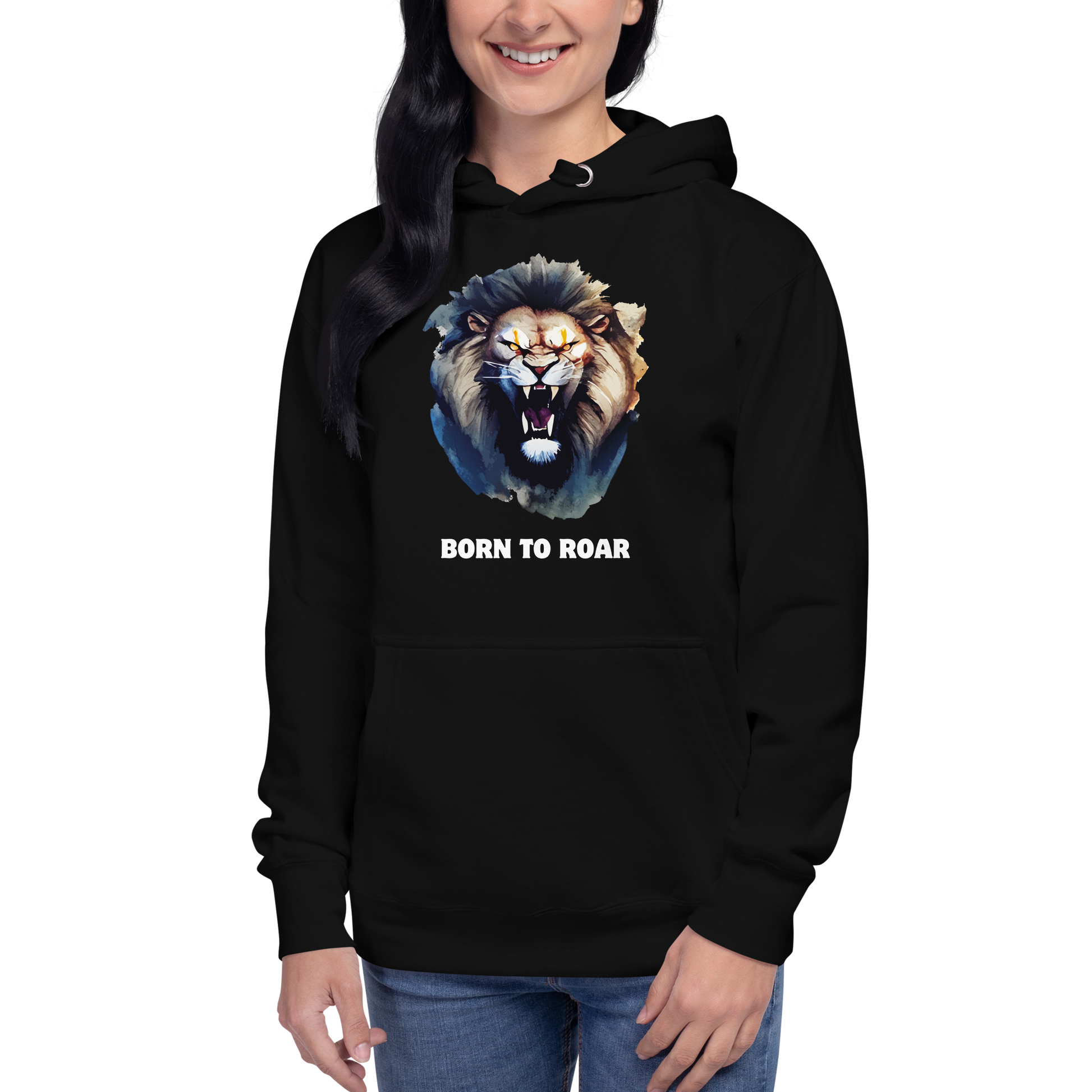 Woman wearing a Funny Born to Roar Angry Lion premium graphic hoodie in black by Boozy Fox