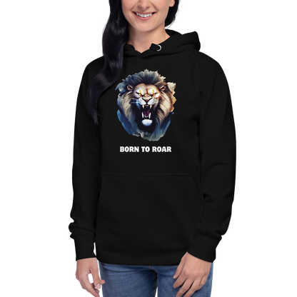 Woman wearing a Funny Born to Roar Angry Lion premium graphic hoodie in black by Boozy Fox