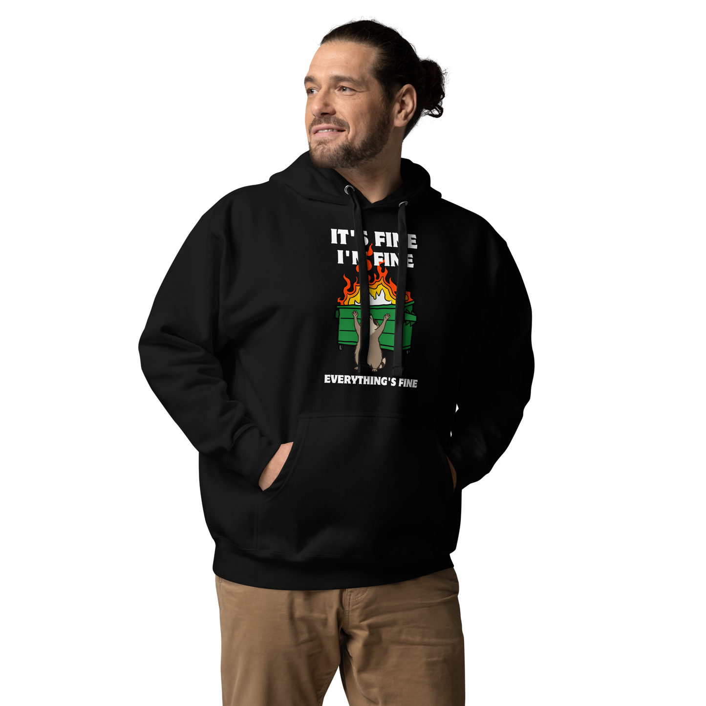 Man wearing a Funny Dumpster Fire Raccoon premium graphic hoodie in black by Boozy Fox
