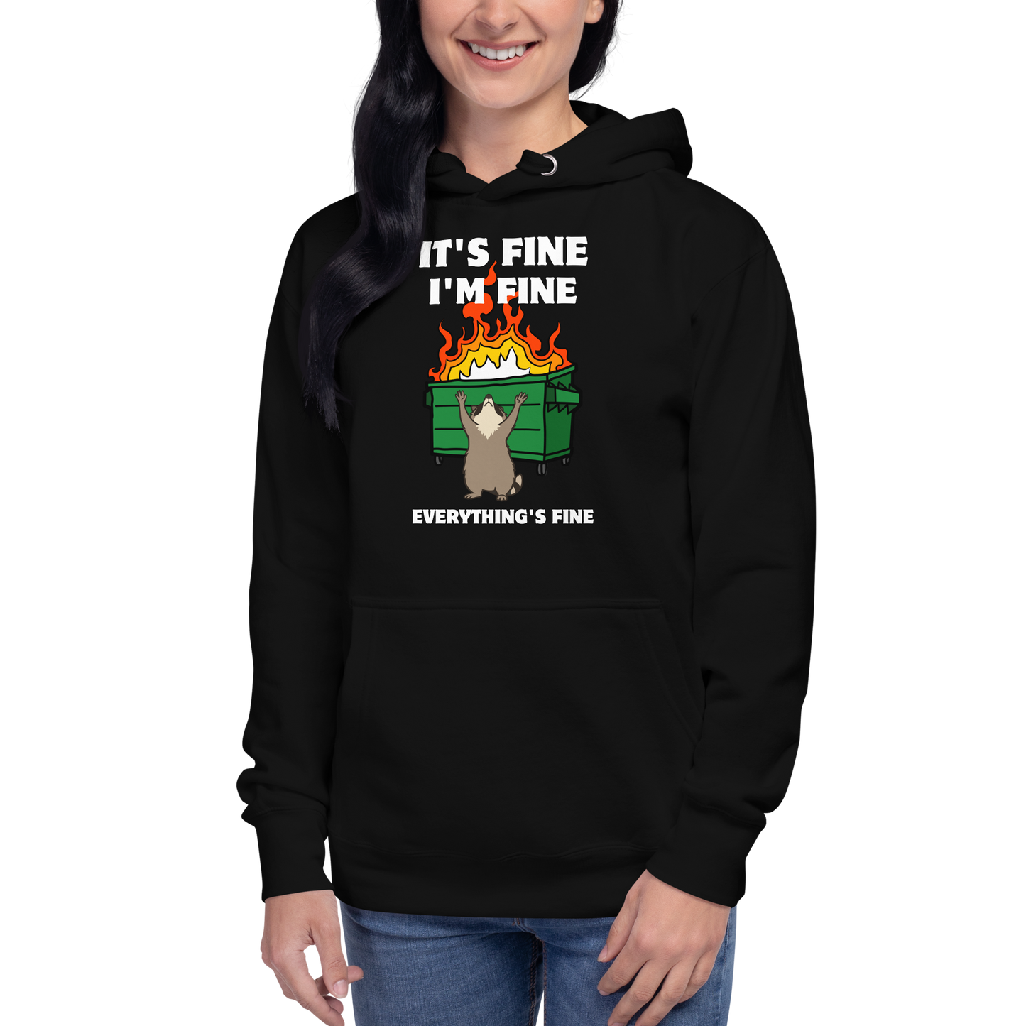 Woman wearing a Funny Dumpster Fire Raccoon premium graphic hoodie in black by Boozy Fox