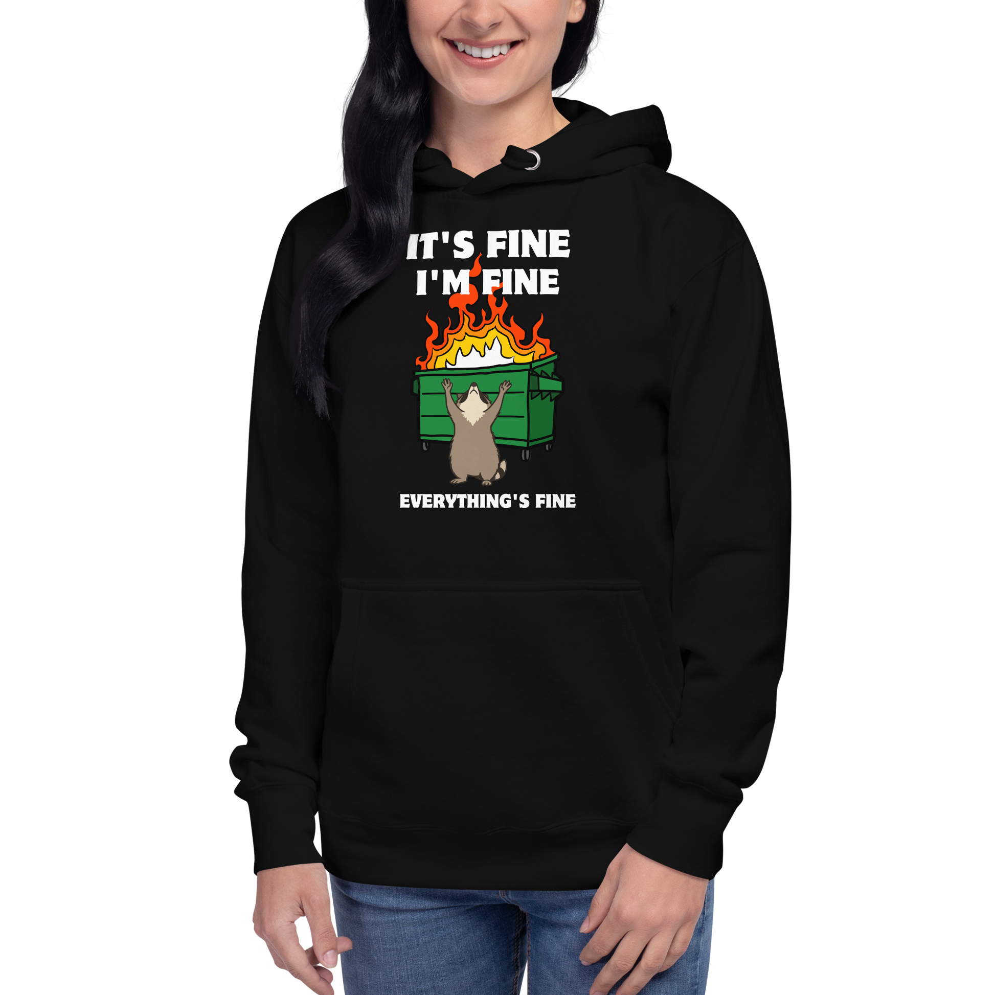 Woman wearing a Funny Dumpster Fire Raccoon premium graphic hoodie in black by Boozy Fox