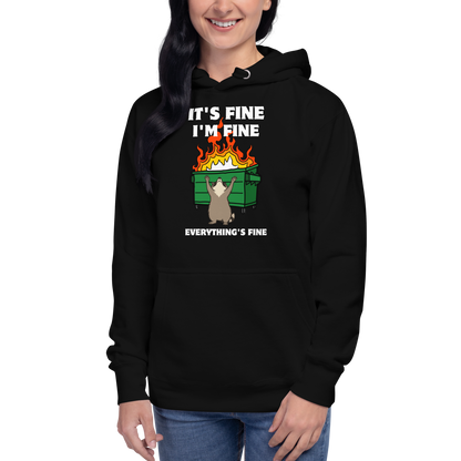 Woman wearing a Funny Dumpster Fire Raccoon premium graphic hoodie in black by Boozy Fox
