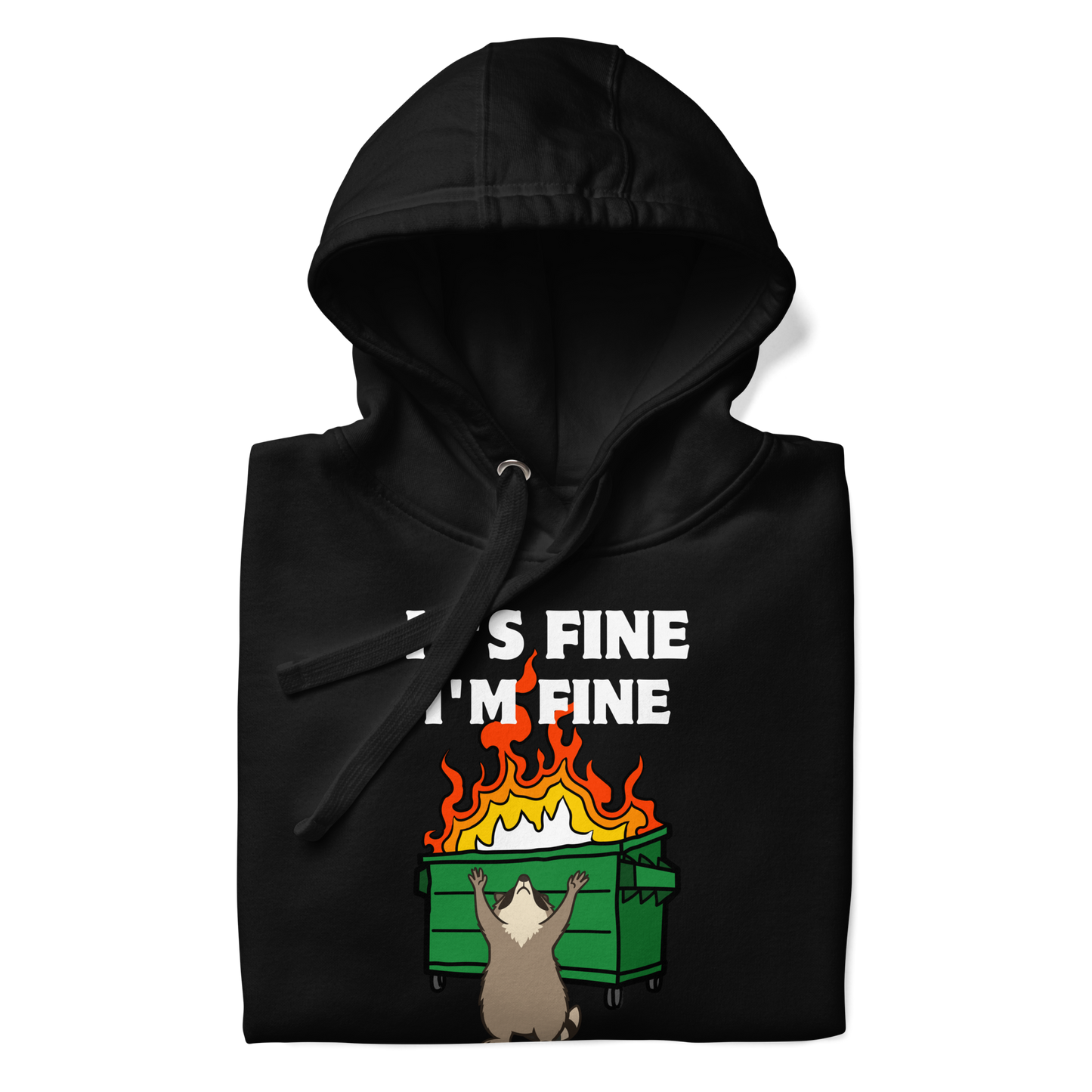 Front details of a Funny Dumpster Fire Raccoon premium graphic hoodie in black by Boozy Fox