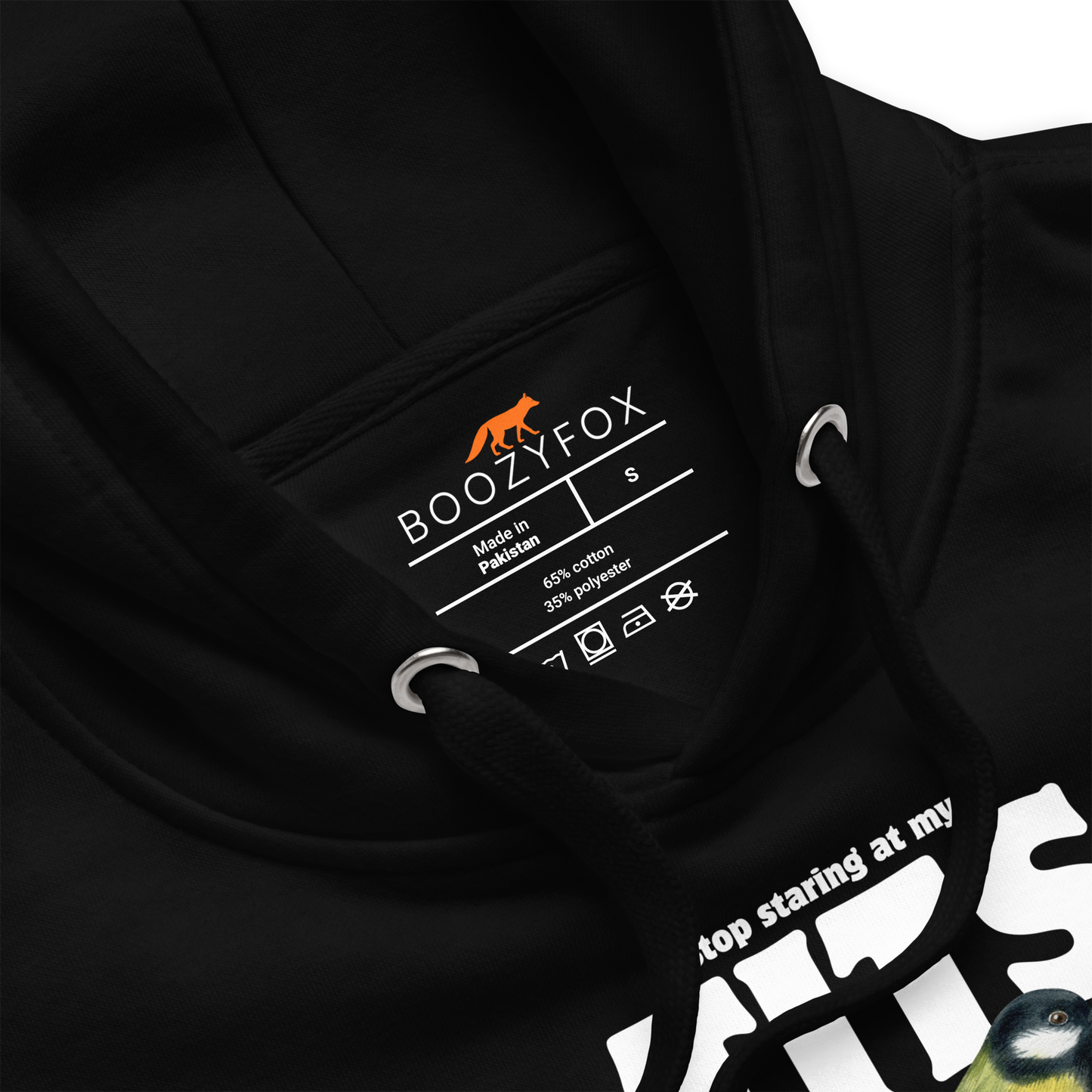 Product details of a Funny Stop Staring At My Tits Bird premium graphic hoodie in black by Boozy Fox