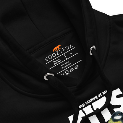 Product details of a Funny Stop Staring At My Tits Bird premium graphic hoodie in black by Boozy Fox