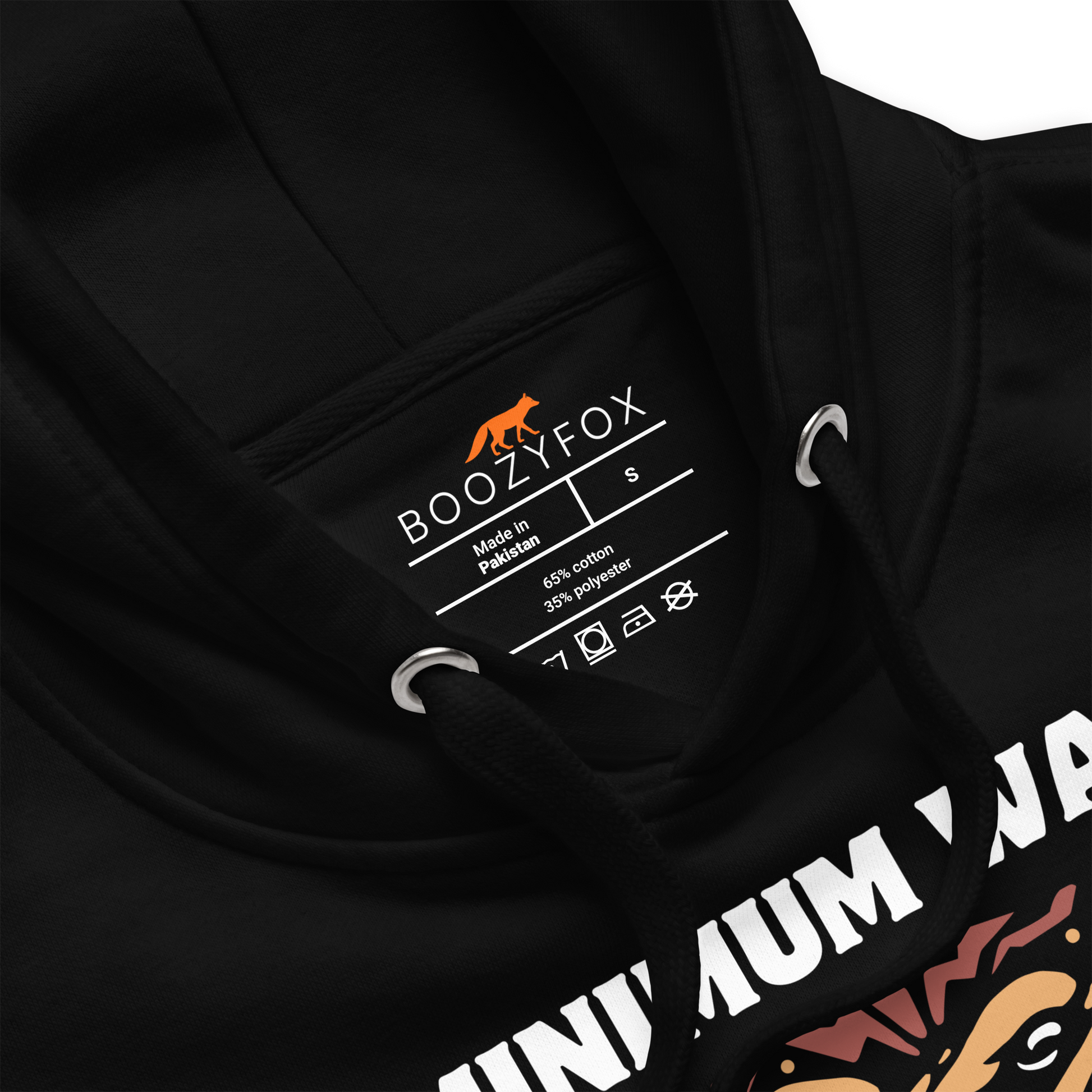 Product details of a Funny Minimum Wage Maximum Rage Bear premium graphic hoodie in black by Boozy Fox