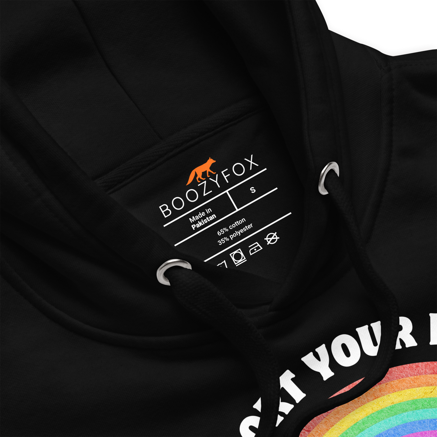 Product details of a Funny Support Your Local Street Cats premium graphic hoodie in black by Boozy Fox