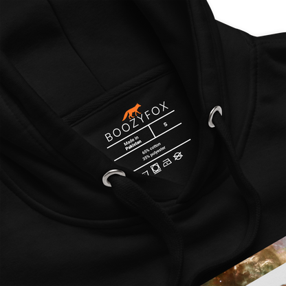 Product details of a premium graphic hoodie in black by Boozy Fox